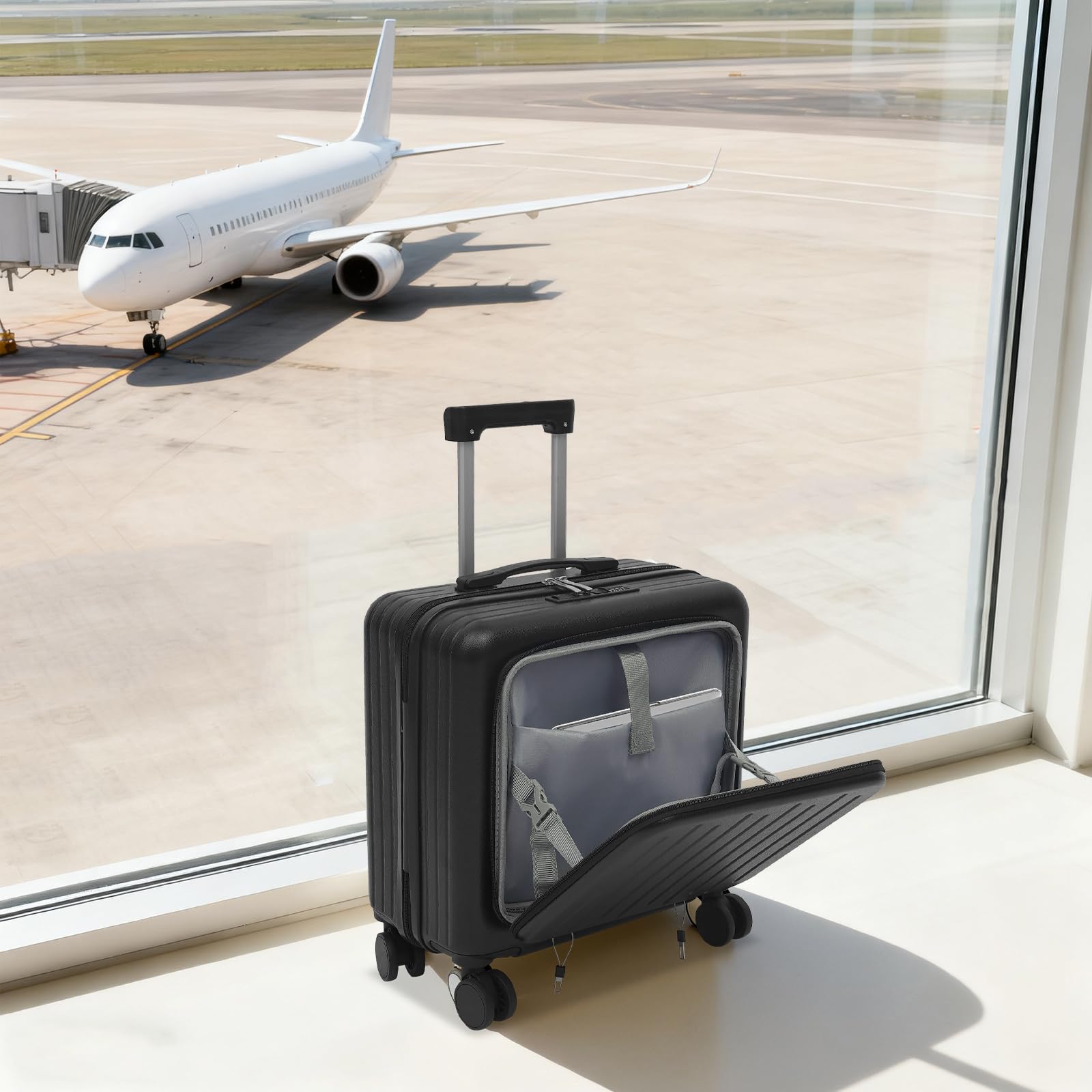 Walizka pilotka na kółkach, 18 cali, mały bagaż podręczny z kieszenią na laptopa, przyłączem ładowania USB, uchwytem na napoje, lekka walizka podróżna z zamkiem szyfrowym, na podróż służbową i
