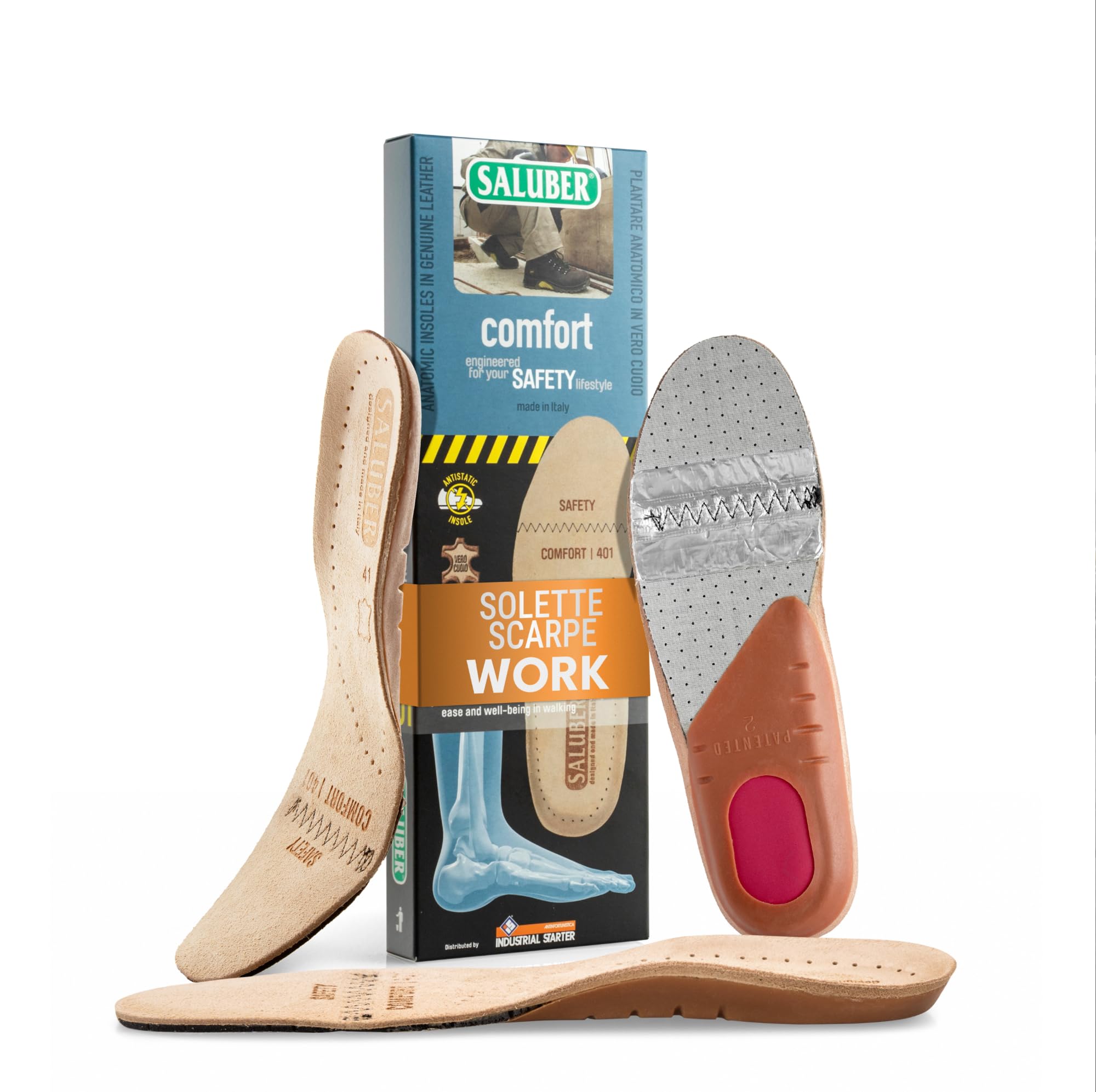 Saluber Solette Safety 401, Solette Scarpe Antinfortunistiche: Poron+ riduce l'affaticamento del piede, Carbone Attivo per Freschezza, Vero Cuoio per Comfort, con Cucitura Antistatica (44)