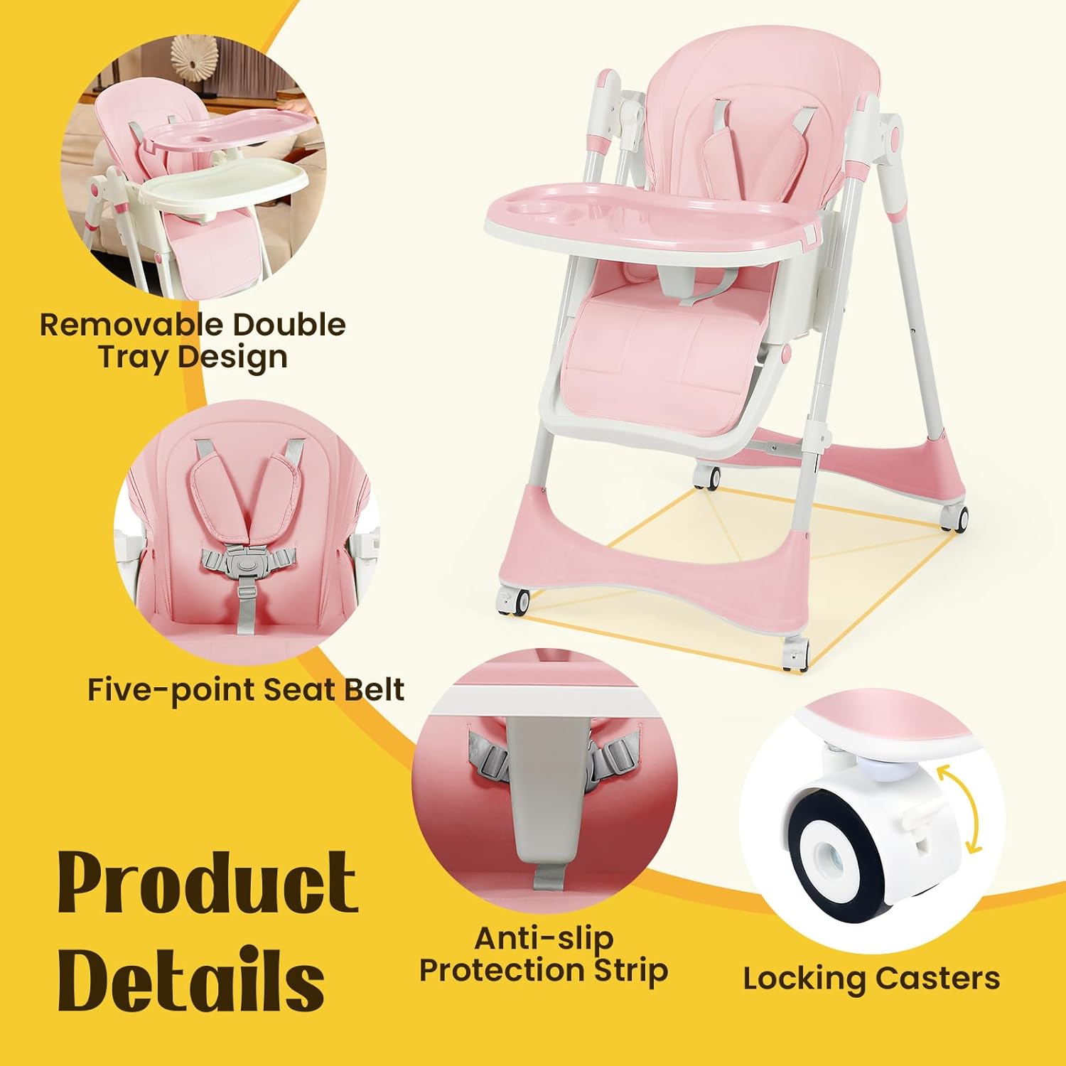 6-in-1 Convertible High Chair with Rocker | Baby High Chair for Newborn to Toddler (0-3 Years) | Adjustable, Foldable & Easy-Clean with Dishwasher Safe Tray & Tool-Free Assembly,Pink