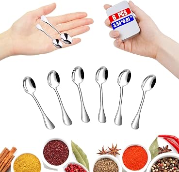 6PCS Mini Stainless Steel Spoons Upgraded Larger Size 3.54 inch - Small Salt Spoons SUS 304 Food Grade Mini Seasoning Spoon for Powder Spices Jars, Pepper, Sugar, Honey