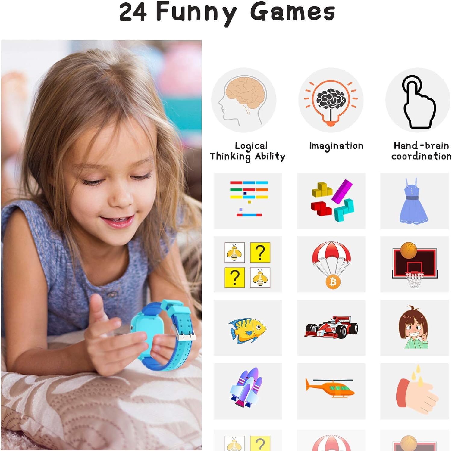 VannicoELEJAFE Smartwatch Bambini 24 Giochi Musica Contapassi Calorico, 2*Fotocamere Torcia Orologio Smartwatch Bambini Sveglia Video, Ragazzi e Ragazze Regalo di Natale 2-13 anni[Scheda SD integrata]