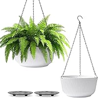 T4U 10 Inch Self Watering Hanging Planters 2 Pack White - Indoor Outdoor Pots with Drainage Hole Plug Chain Hooks for Home Garden Decor