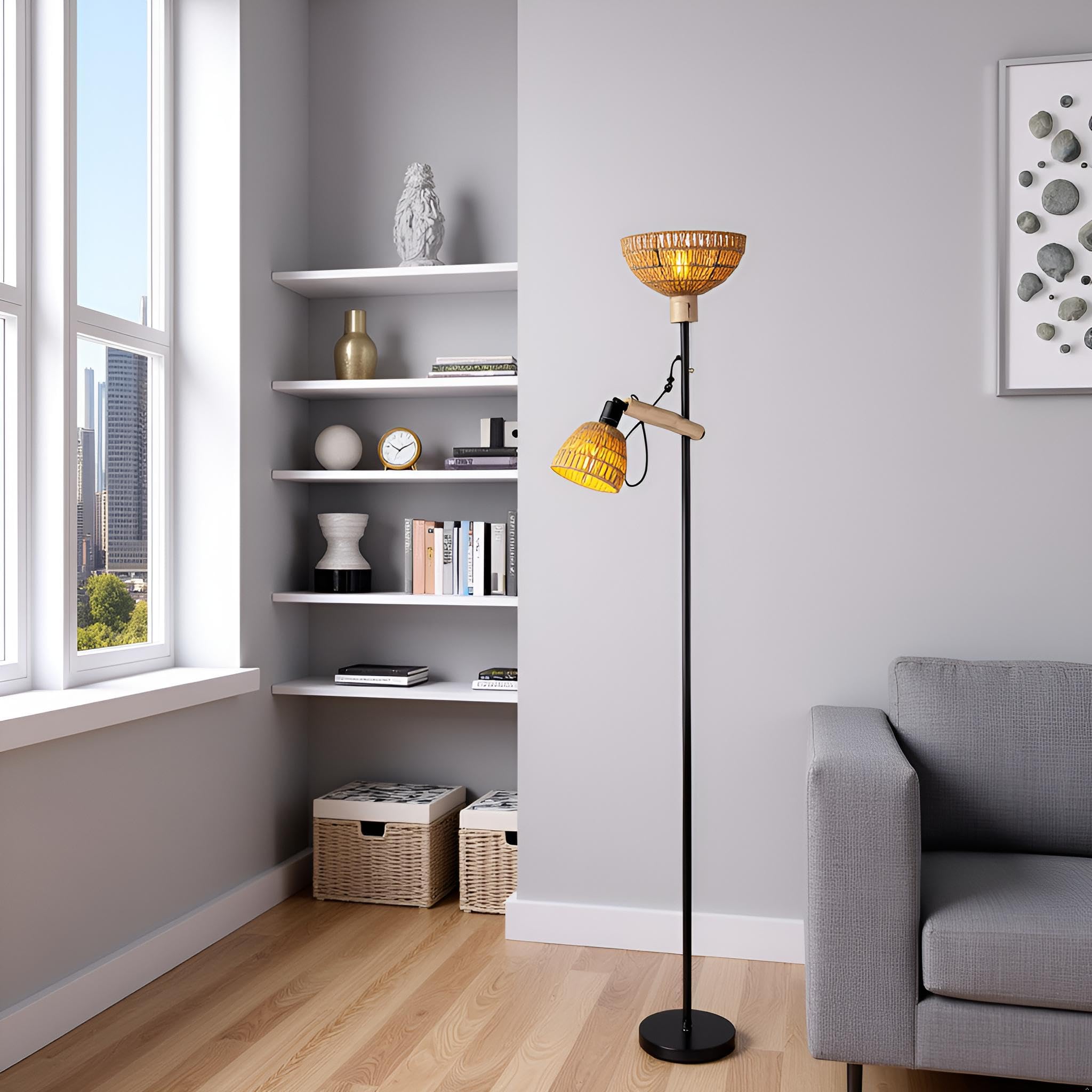 Stehlampe-2 schirm Wohnzimmer,Boho Rattan Stehlampen im Industrial Design mit Metall und Holz,Schalter,Höhe:163cm,Ohne Glühbirnen