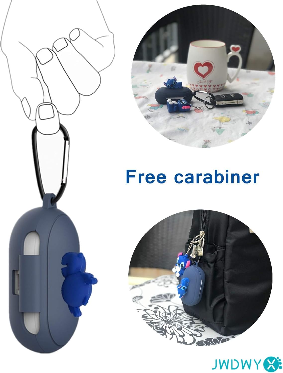 Discount Stitch Silicone Case for Galaxy Buds/ Galaxy Buds+ Plus, 7 in 1 Silicone Accessories Set Protective Cover, Silicone Case/Keychain/Carabiner/Anti-Lost Rope/Cleaning Brush (Dark Blue & Stitch)
