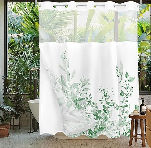 Vista 467 de Tititex - Juego de cortinas de ducha de eucalipto verde oliva, hojas de acuarela en la parte superior con decoración floral de baño, 60 x 72 Hojas