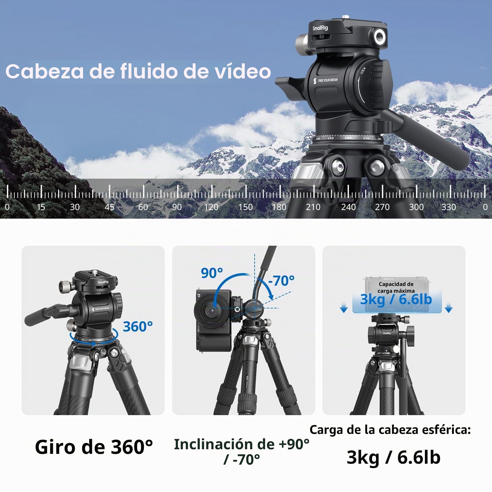 SMALLRIG Kit de Trípode de Mesa Portátil de Fibra de Carbono, Mini Trípode de Escritorio Compacto de 17'' con Cabezal de Video, Alta Capacidad de Carga, Placa QR Incorporada para Arca - 5025