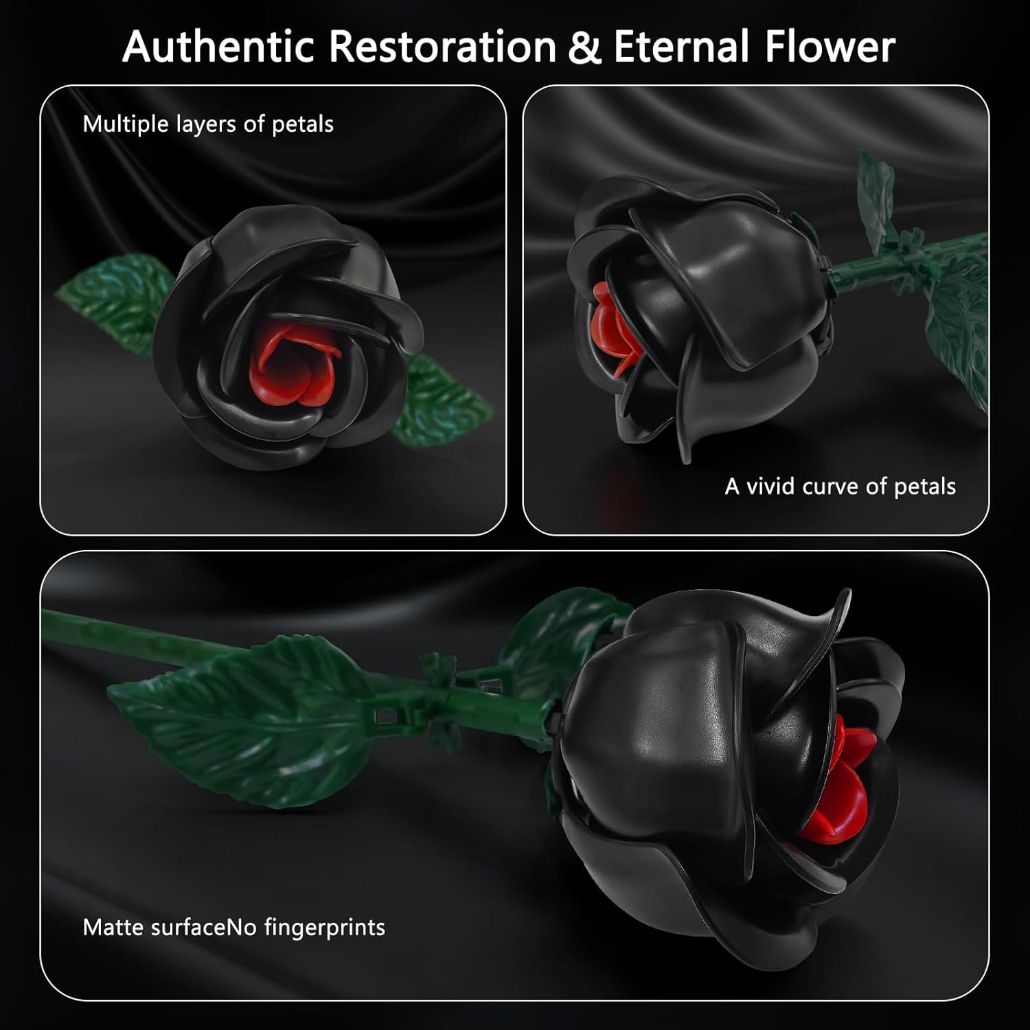 Black Roses Bouquet Building Set - Gothic Artificial Flowers Botanical Collection Blocks Kit for Adults, Ideal Home Decor for - 3 Pack Christmas or Valentine's Day Gift - Image 3