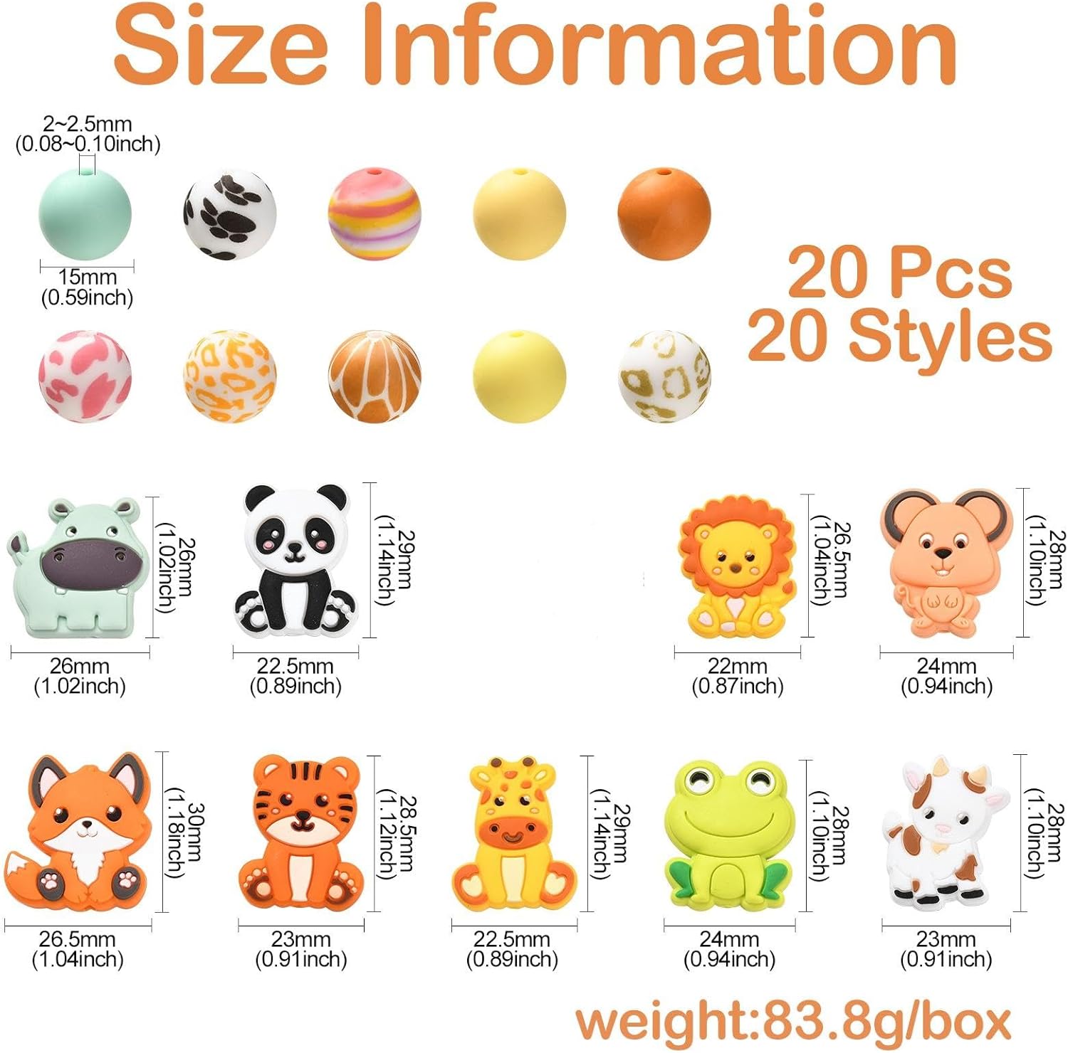 DanLingJewelry 20Pcs Mixed Styles Zoo Animal Silicone Beads Frog Tiger Animal Print Pattern Soft Loose Beads for Jewelry Making - Image 2