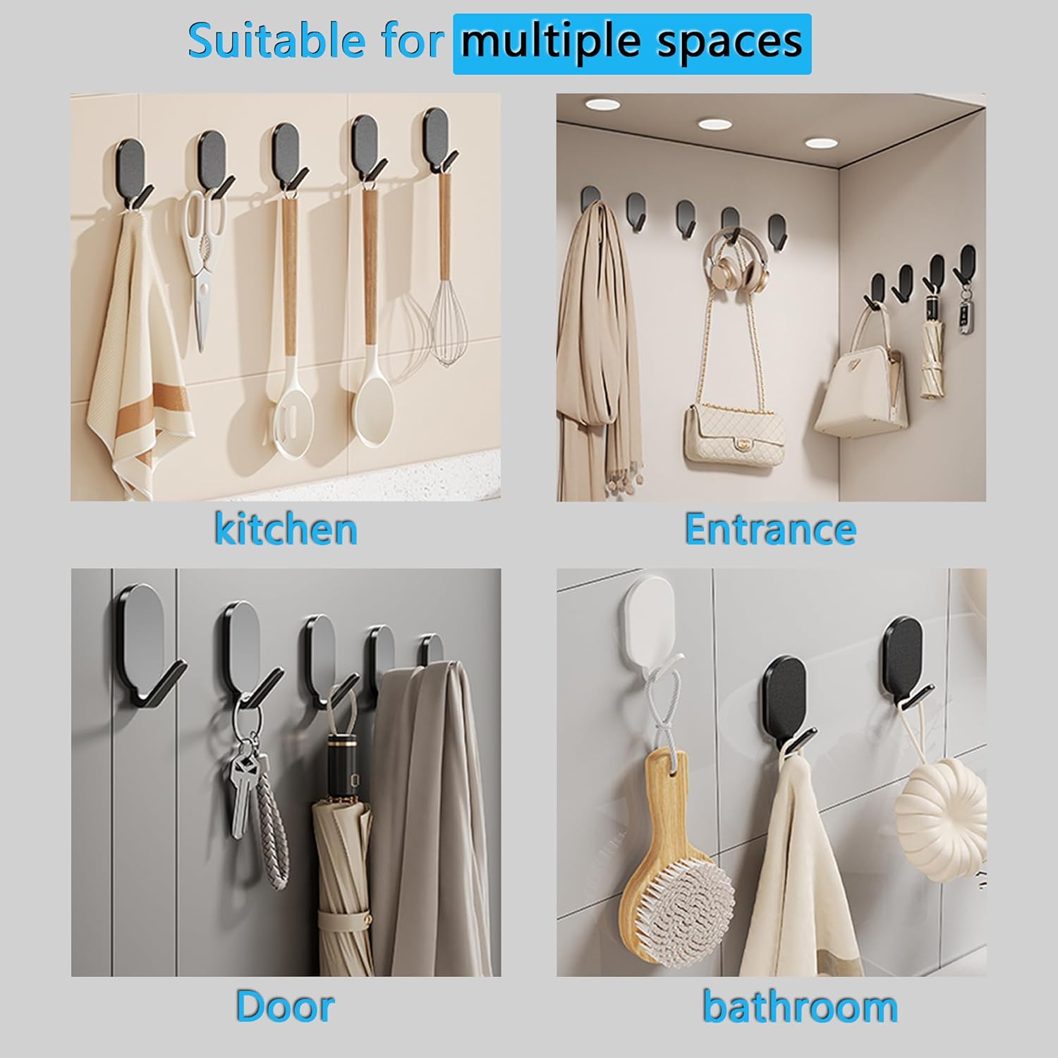 Self-Adhesive Wall Hook, Can Hold Up to 20 Pounds Suitable for Shower Room, Kitchen, Tile, Glass Door - Loofah, Towel, Coat, Bathrobe Hook Waterproof and Rustproof (Gray 4 Pack)