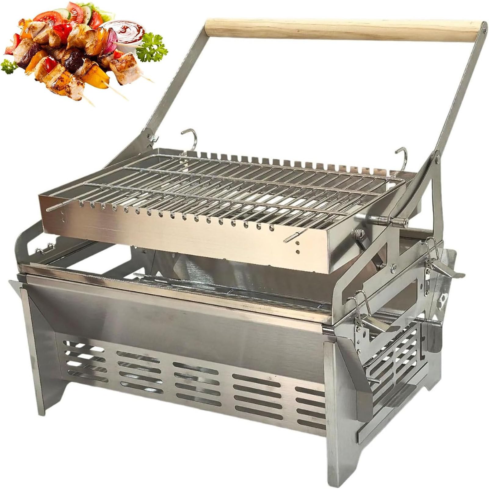 PioMue Rotating Barbecue Grill, Stainless Steel Flipping Barbecue Grills, Double-sided Flip, Manual Push-pull Auto Flipping Charcoal Grill for Picnic Yard Party