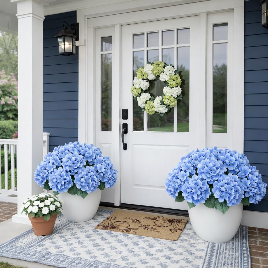 Front Porch Hydrangeas, 17.7in 5 Heads Hydrangea Artificial Flowers Outdoor Uv-Resistant Waterproof Windproof Never Faded, Realistic Silk Faux Floral for Spring Wedding Yard Garden (Blue, 6PCS)