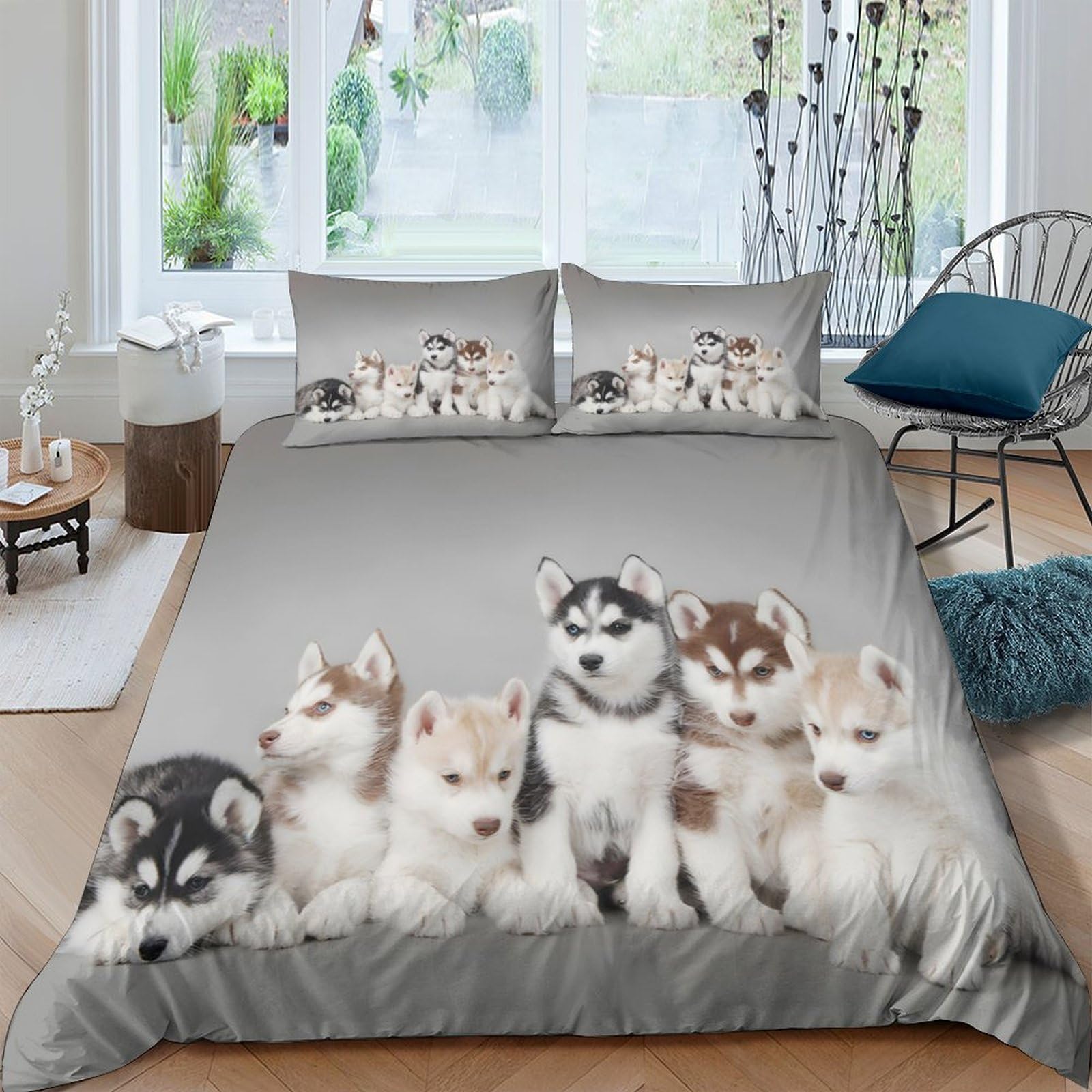 Ctjqhvkz Style-8 3D Printed Husky Puppy Fitted Sheet Microfiber Soft Grey Dog Bed Cover For Bedroom Guest Room Decor Protection Single（135X200cm）