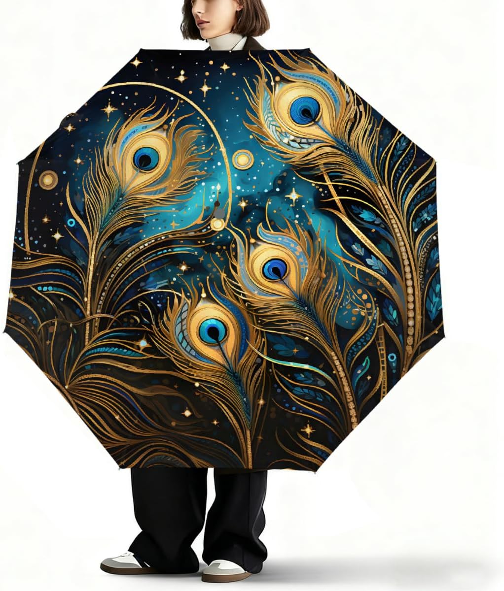 Compact Travel Umbrella Golden Peacock Feather Art Auto Open Close Umbrella Windproof Rain Umbrellas for Kids Men Women, Lightweight