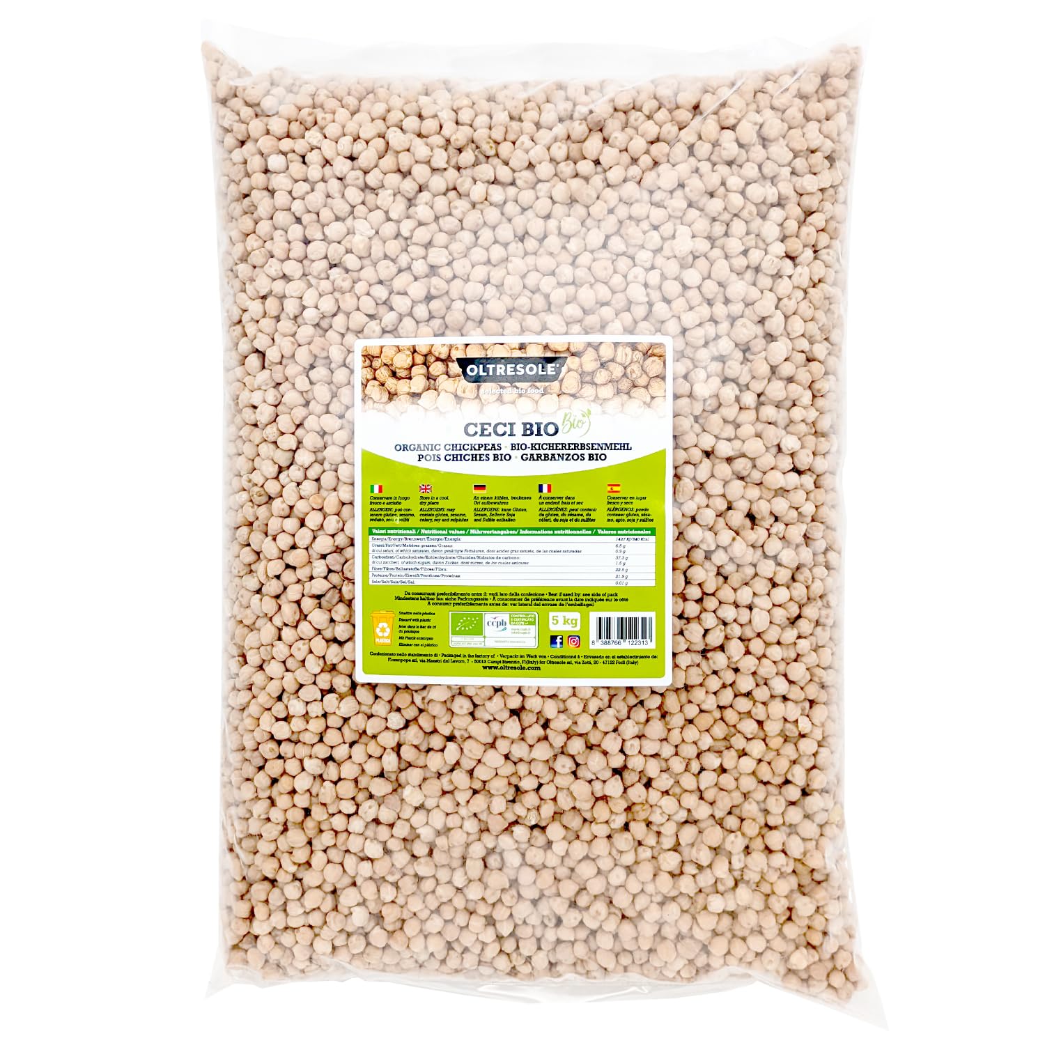 Oltresole, Pois Chiches Bio 5 Kg, Légumineuses sèches biologiques issues de cultures contrôlées, Excellentes pour les soupes, les salades, les légumes et les recettes saines, Format pratique