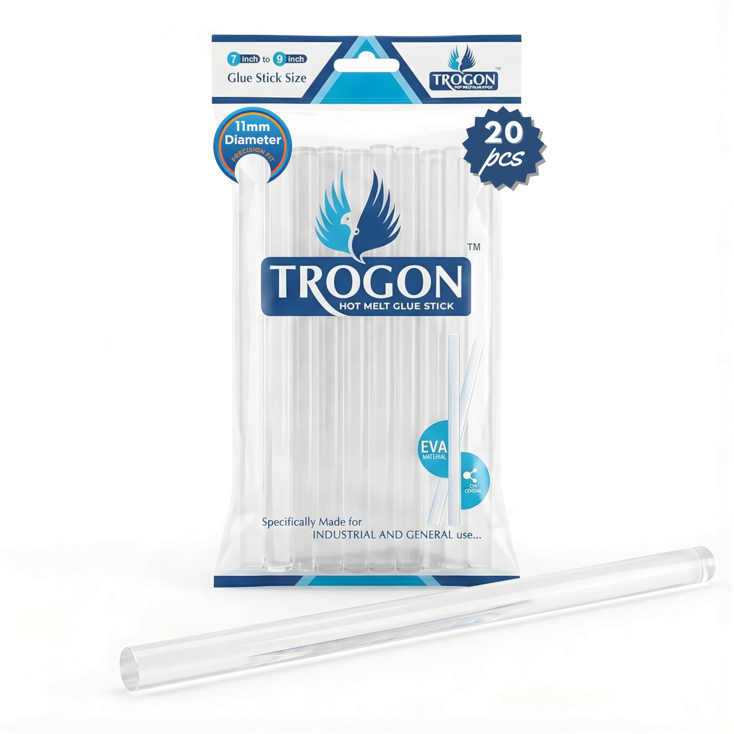 TROGON Glue Sticks 11mm – Transparent, 40W/100W Glue Gun – Pack of 20 | Transparent Glue Stick, 7.5 Inch Long, For Craft, DIY, Decoration, Repairing & Home Use, Compatible With Hot Glue Guns