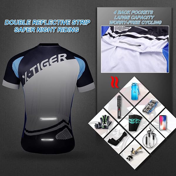 X-TIGER Maillot de Cyclisme Manches Courtes Homme avec Cuissard à Bretelle 5D Gel Rembourré,VTT Courtes Respirant Vêtements de Cyclisme Sports Shorts Pantalons avec Tee Shirt - 4