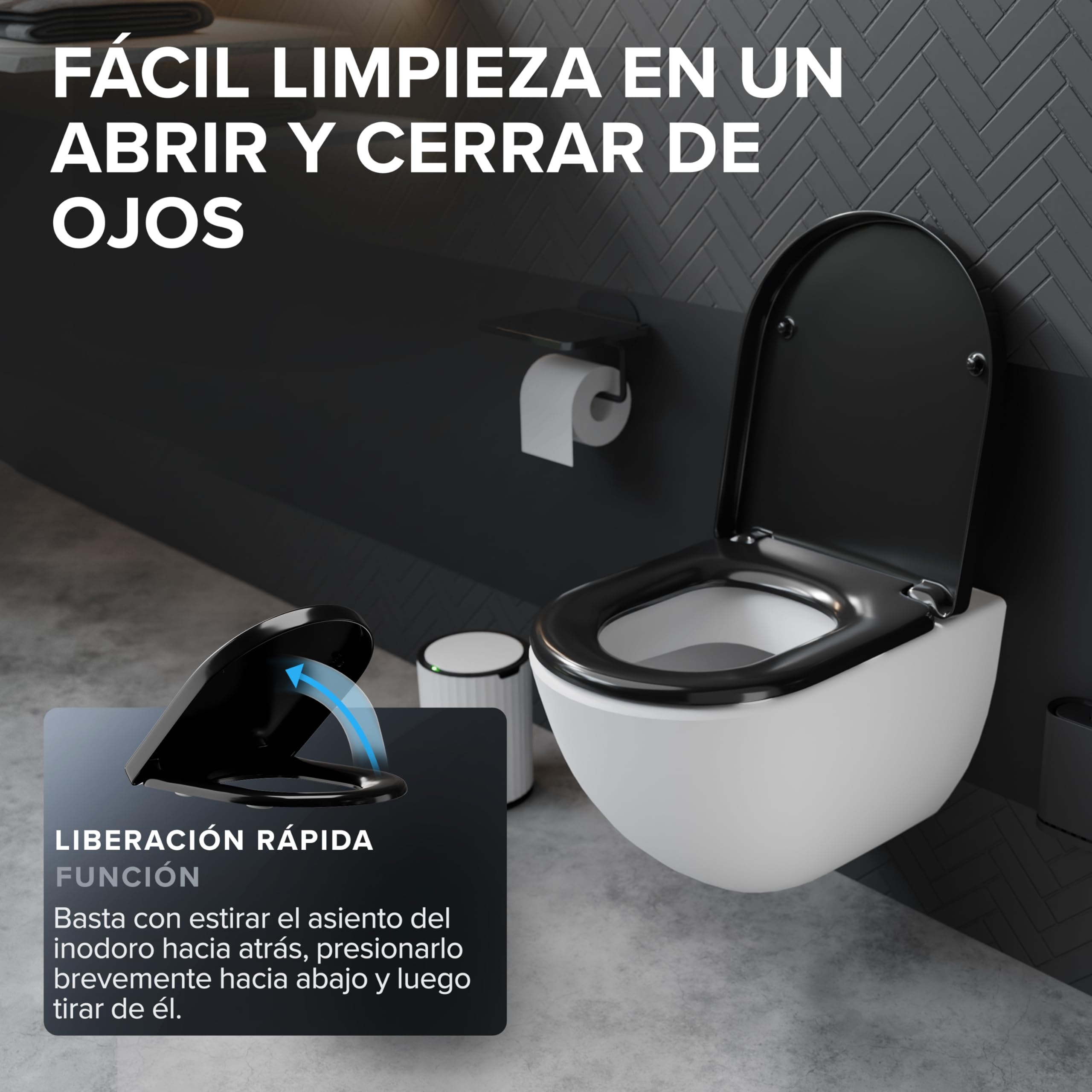 ovimar Asiento de inodoro Trone D Form | Negro | Tapa de inodoro con descenso automático Softclose | Duroplast | Fácil montaje desde arriba | Asiento de inodoro con función de liberación rápida y