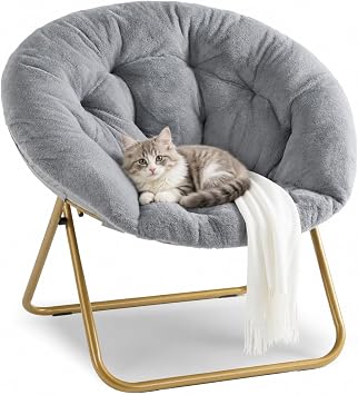 HealSmart Saucer Chair, Comfy Faux Fur Chair for Bedroom, Saucer Chairs for Adults, Teens, Round Shaped Moon Chair with Foldable Metal Frame, Grey