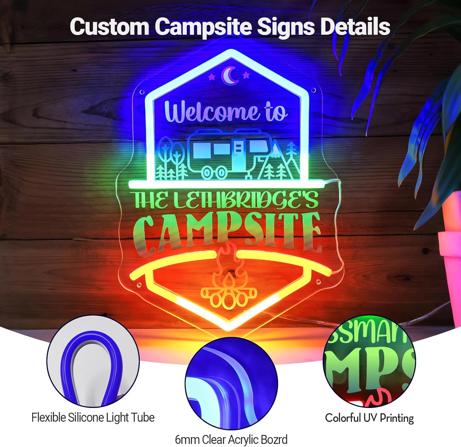 Custom Camping Signs for Campsite, Personalized Welcome to Campsite Neon Signs Decor for Outdoor Campground Garden RV Yard Lawn Family Outings IP67 Waterproof