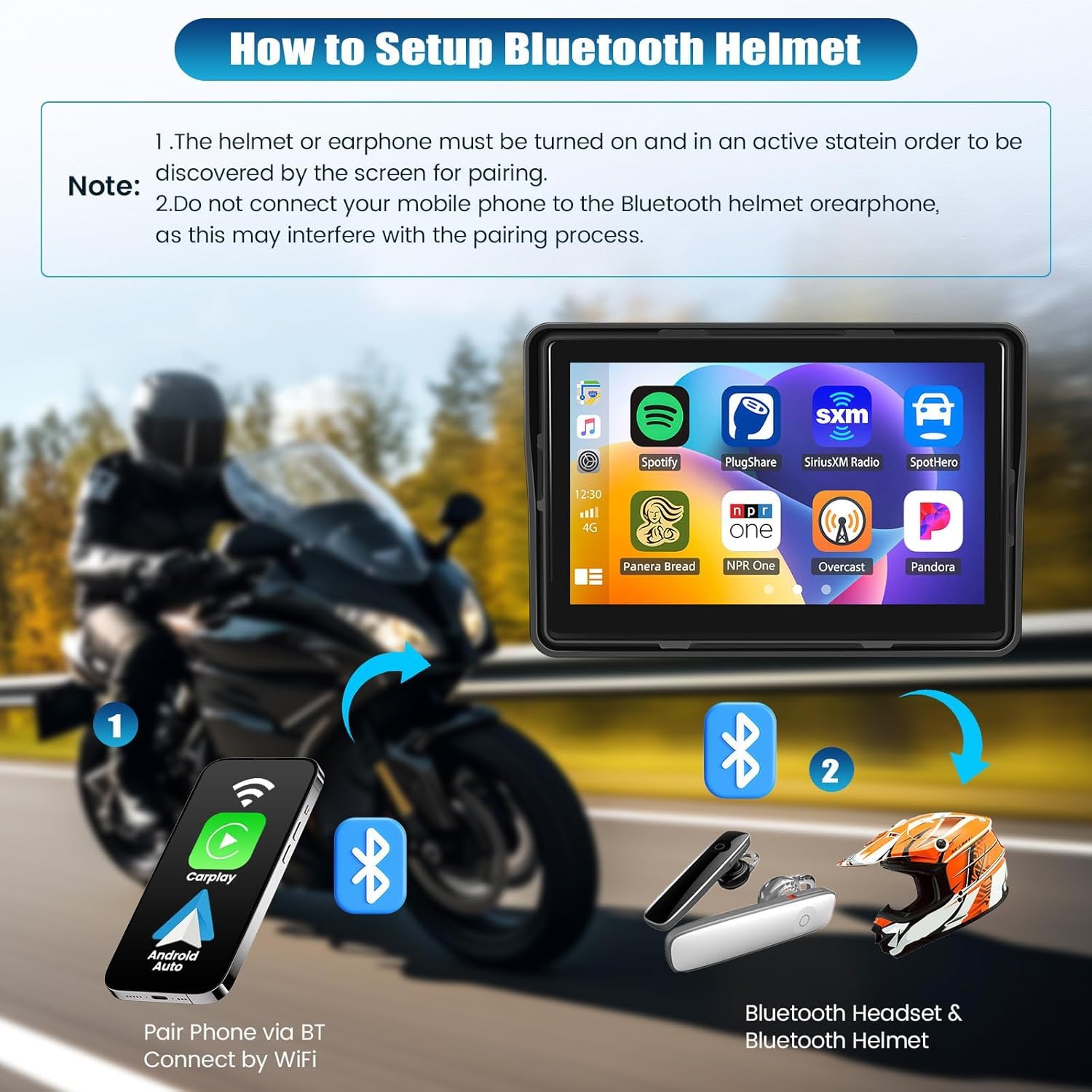 SIXTOP Schermo CarPlay per Moto, CarPlay e Android Auto Wireless per Moto, Touchscreen Impermeabile da 5 Pollici, Audio Bluetooth, Navigazione GPS, Siri