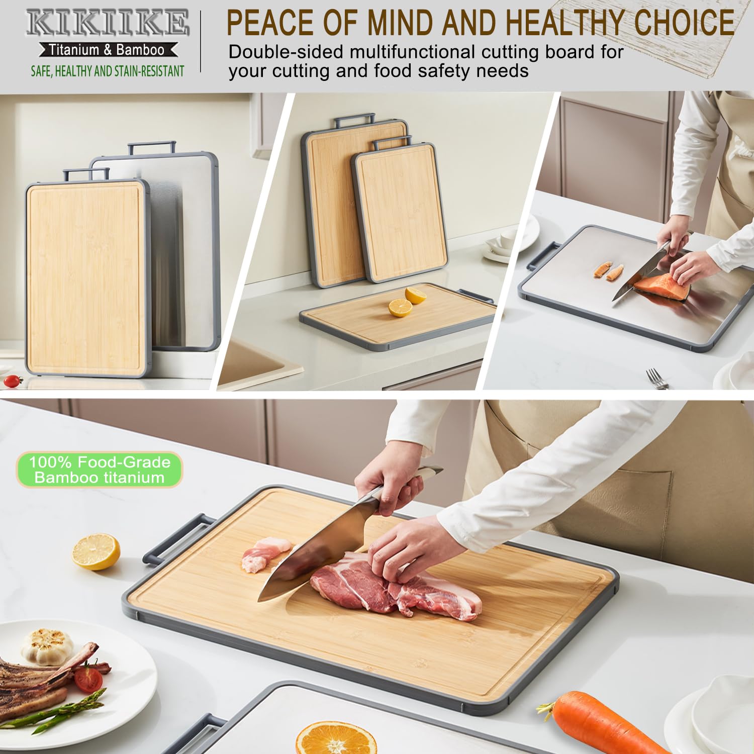 Tabla de cortar de titanio de doble cara en bambú para cocina Tabla de cortar de doble cara para uso alimentario, titanio puro y bambú, antiadherente, duradera y fácil de limpiar (Paquete de 2)