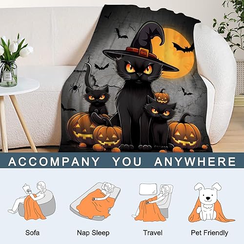 Miniatura 10 de Neatee Living Manta de Halloween para niños, manta aterradora de calabazas negras con gatos para niños y niñas, sofá, decorativa, ligera, mullida,