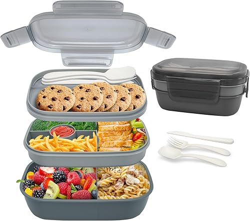Lonchera Bento apilable para adultos, 64.2 fl oz, caja Bento para adultos con lonchera de 3 compartimentos con juego de utensilios extraíbles y