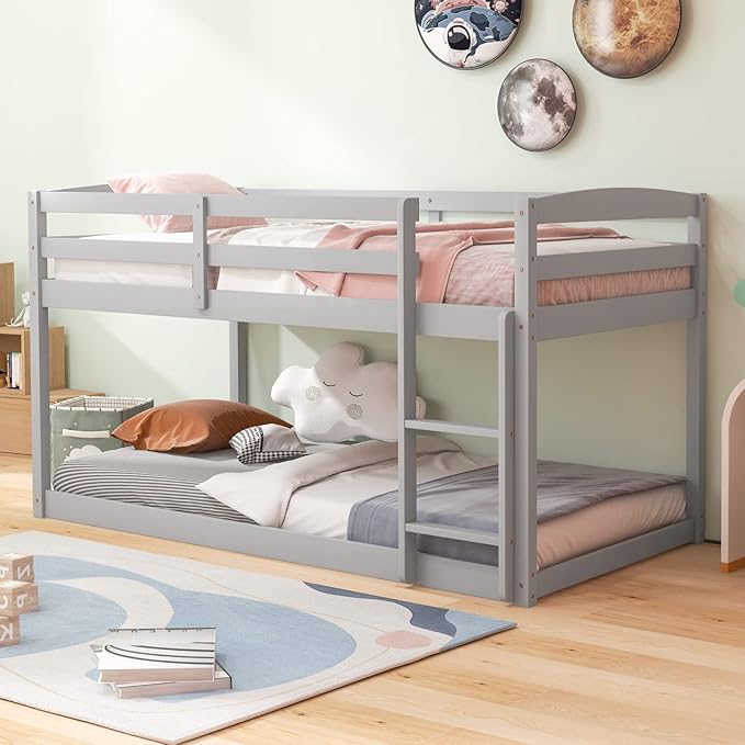 Giantex Twin Low Bunk Bed, Solid Wood Twin Over Twin Bunk Bed Frame with Full Guardrails