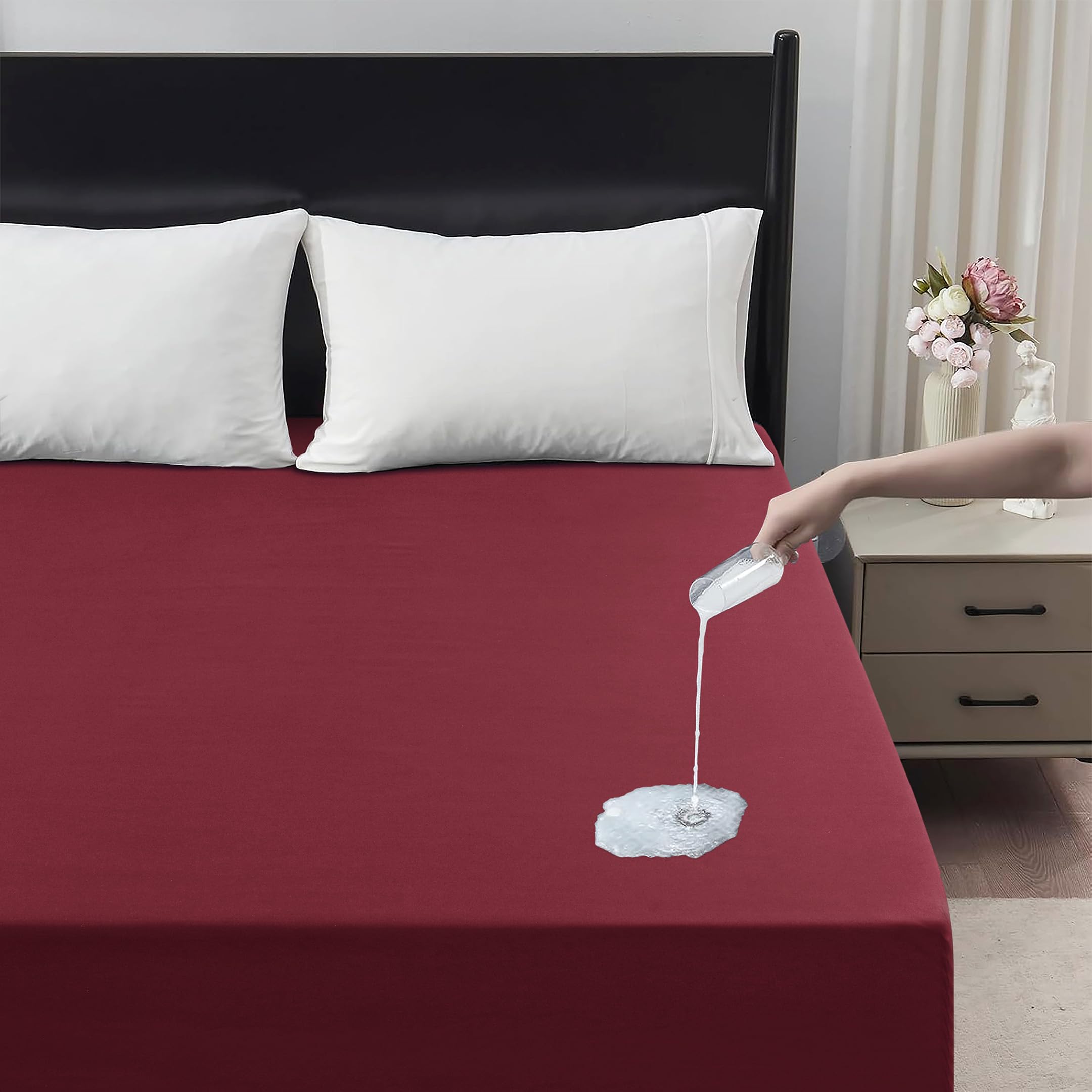 Waterproof Fitted Sheet – Mattress Protector | Soft Breathable Noiseless Bed Cover, Fitted Bed Sheet 30cm Deep Pocket, Durable Microfiber Fitted Mattress Cover (Red, Double)