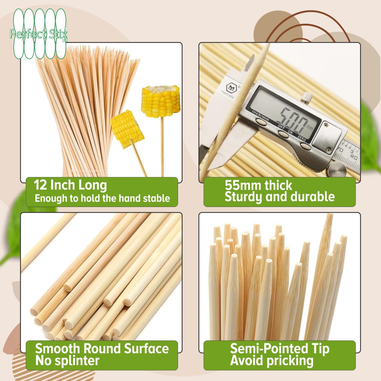 Perfect Stix Wooden Corn Dog Skewers, 12 x 1/4 inch, Semi Pointed, 500 Count