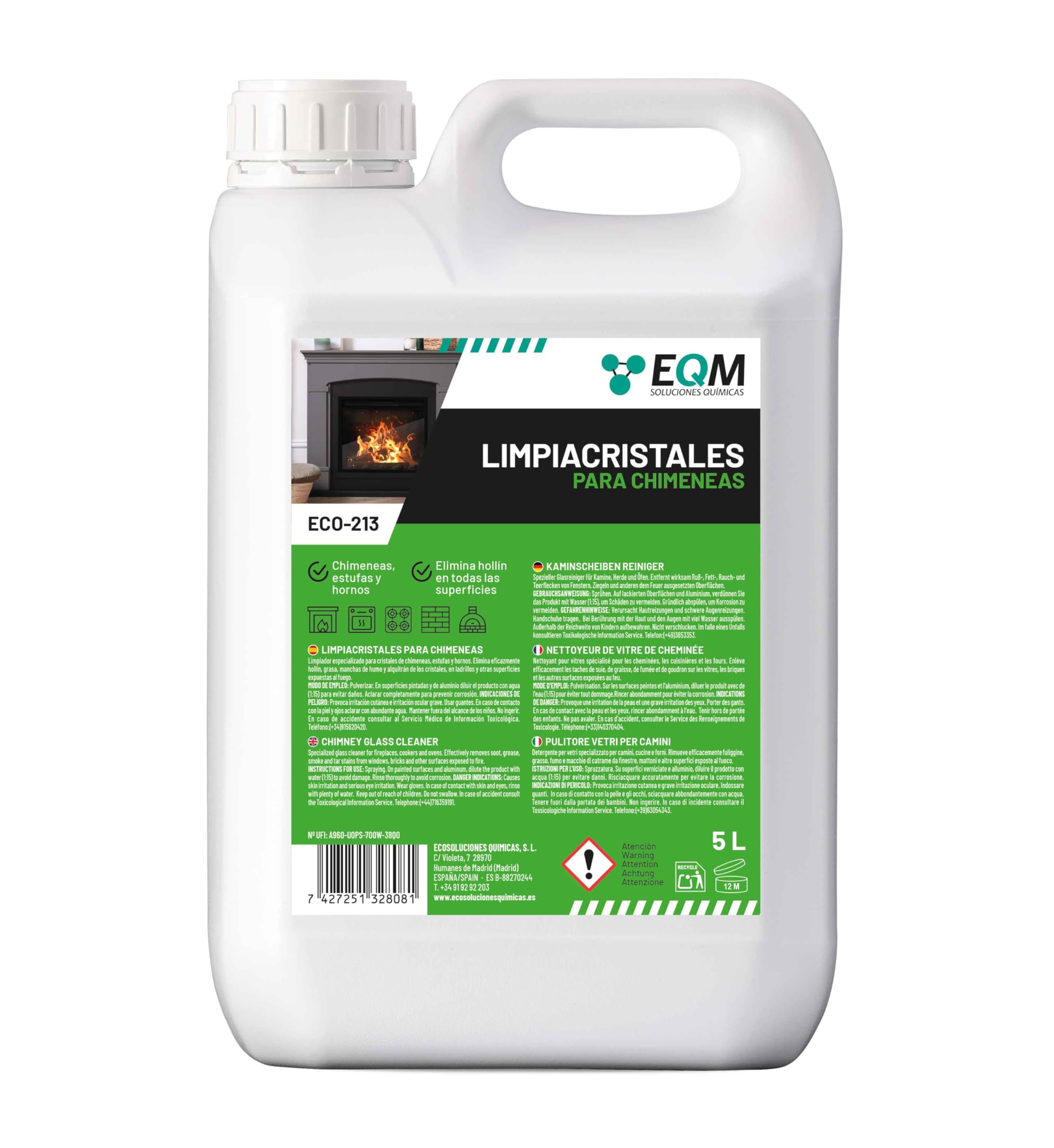 EQM - ECO-213 - Limpiacristales para Chimeneas, Estufas y Hornos - 5L - Limpia las manchas de humo y vaho de los cristales - Elimina hollín, limpia ladrillos y otras superficies expuestas al fuego
