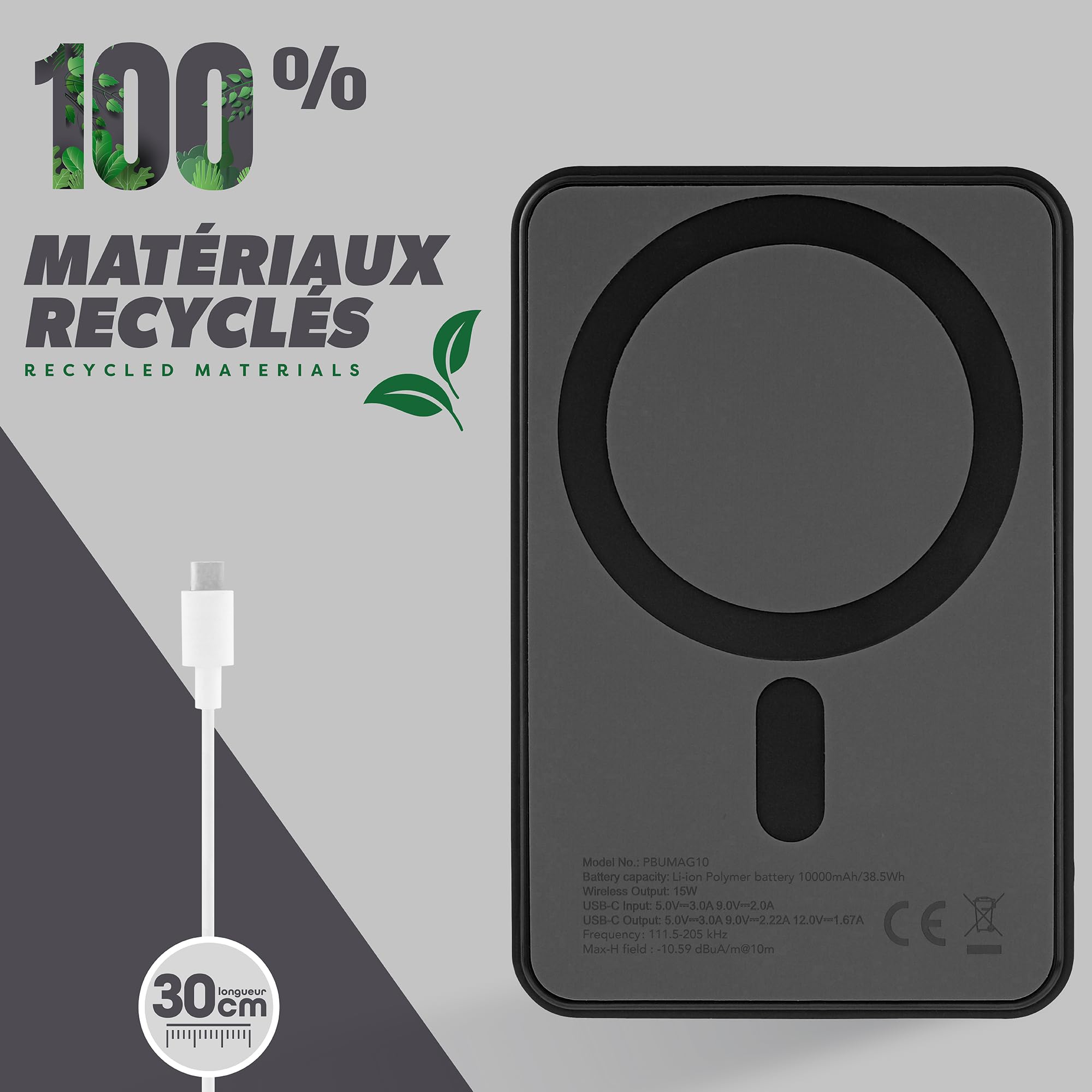 T'nb - Batterie de Secours MagSafe 10 000 mAh, Recharge sans Fil et USB-C 20W, Fonction Support Intégré, Indicateurs LED, Plastique Recyclé - Gris