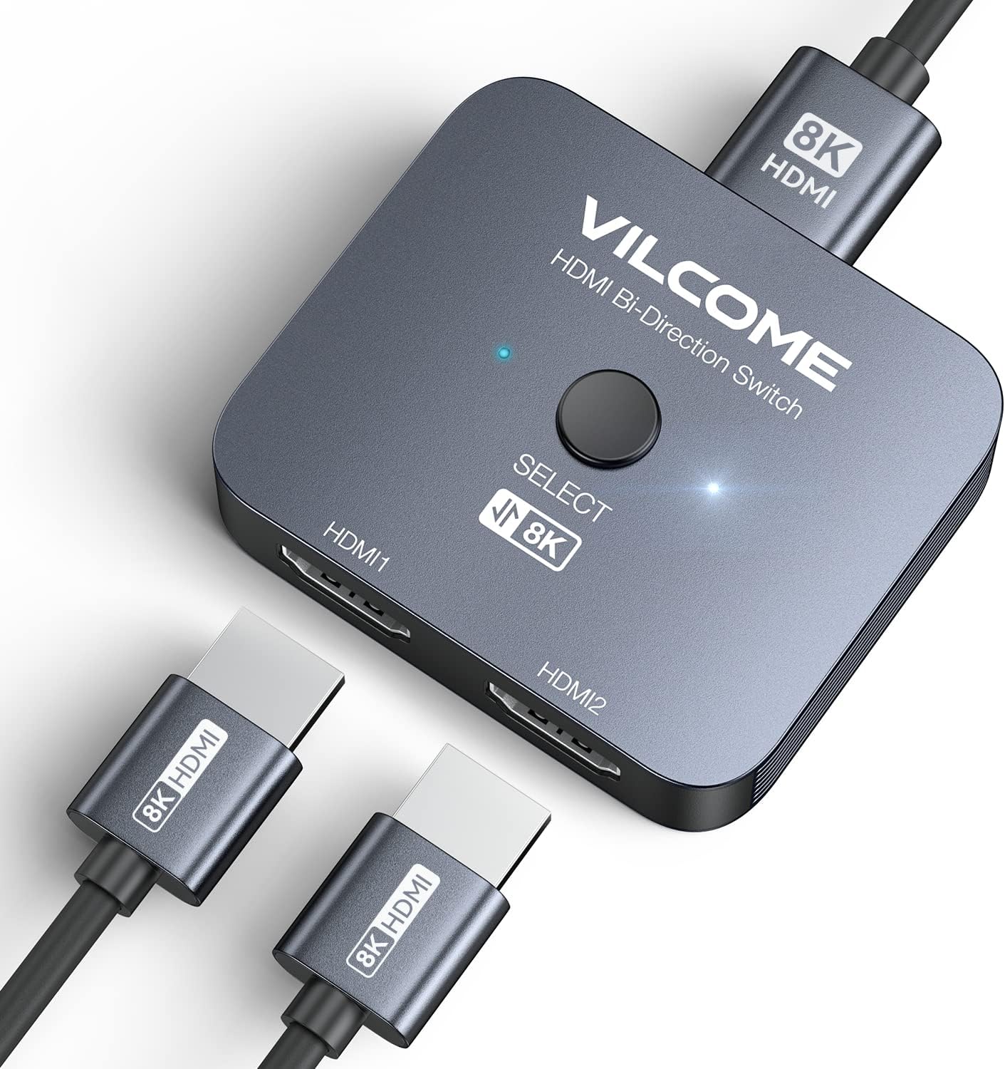 Vilcome HDMI 2.1 Switch, Ultra HD 8K HDMI Switcher Splitter 2 in 1 Out, Bi-Directional HDMI Switcher Supports 4K@120Hz, 8K@60Hz, Aluminum HDMI Switch for PS5/4, Xbox, Roku, Apple TV, Fire Stick