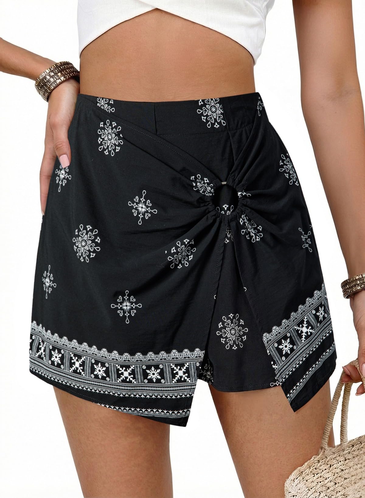 Dokotoo Summer Shorts Skorts for Women Boho Floral Print Elastic Waist Asymmetrical Hem Beach Mini Skirt