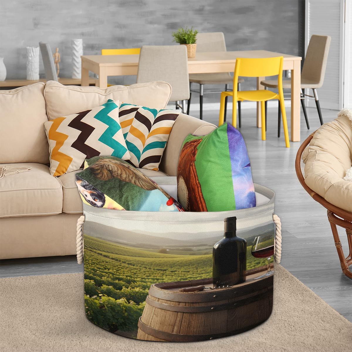 Large Storage Baskets - Red Wine Estate Nursery Round Collapsible Organizer Bin Box, Laundry Hamper for Kids Toys, Blanket, Bedroom Living Room Home Decor, Gift Basket, 19.4"x13.3"
