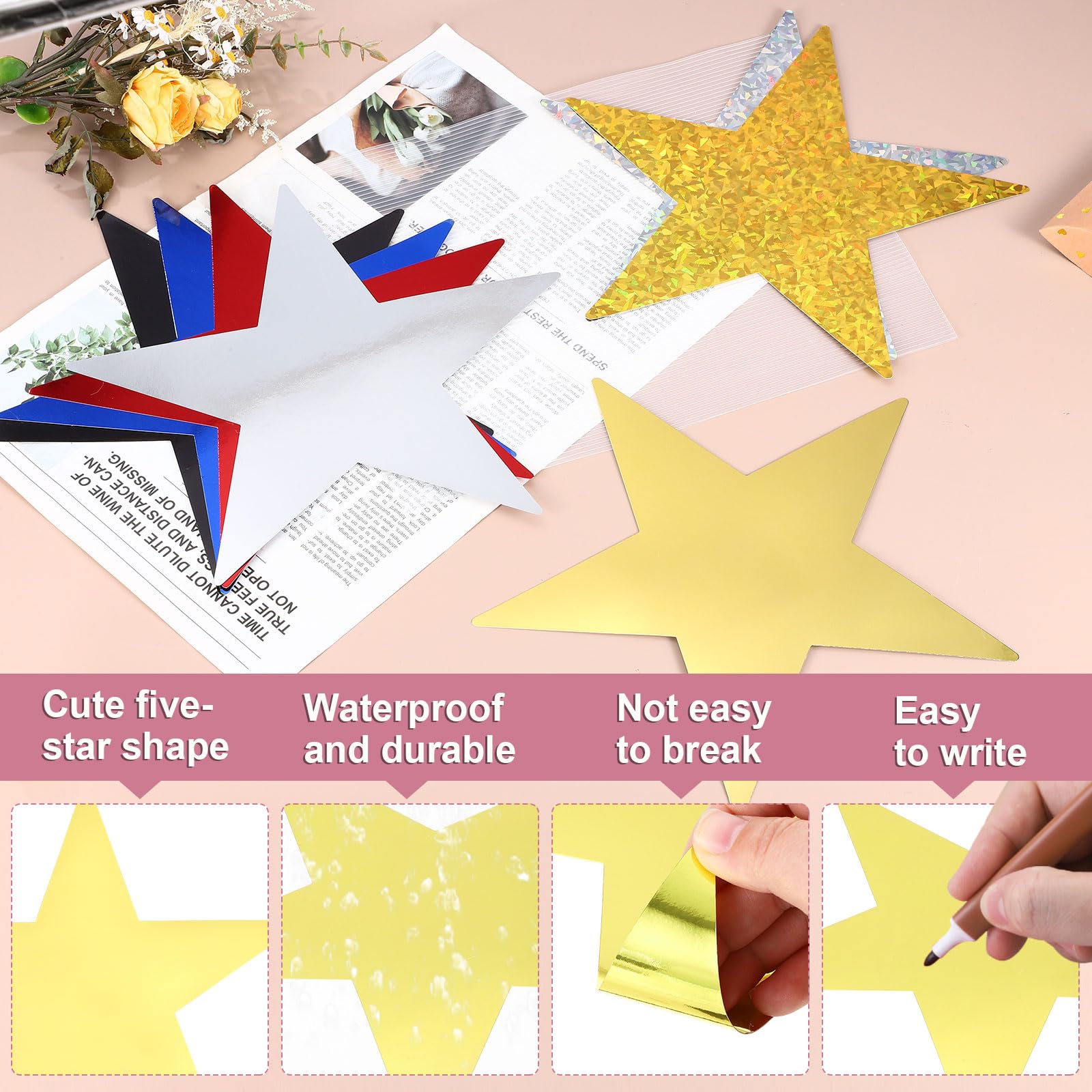 QUARKZMAN Decoración Estrellas Recortadas Estrellas Doradas, 80 Pcs Estrellas Cartón Doble Impresas 6" Confeti Estrellas Recortadas Decoraciones para Pared Tablero Anuncios Fiesta