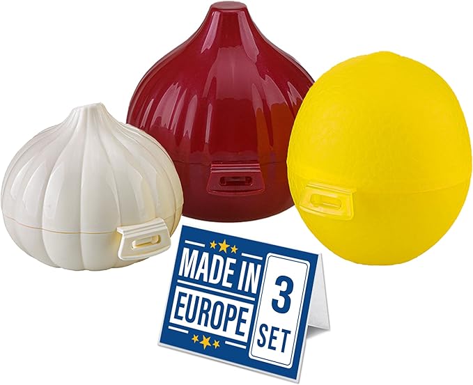 CRYSTALIA Onion Storage, Garlic Keeper, Lemon Saver, Set of 3, 100 BPA