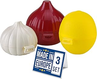 CRYSTALIA Onion Storage, Garlic Keeper, Lemon Saver, Set of 3, 100% BPA Free, Garlic Container, Lemon Keeper, Vegetable Storage Containers for Refrigerator Produce Saver Set Garlic Storage Onion Saver
