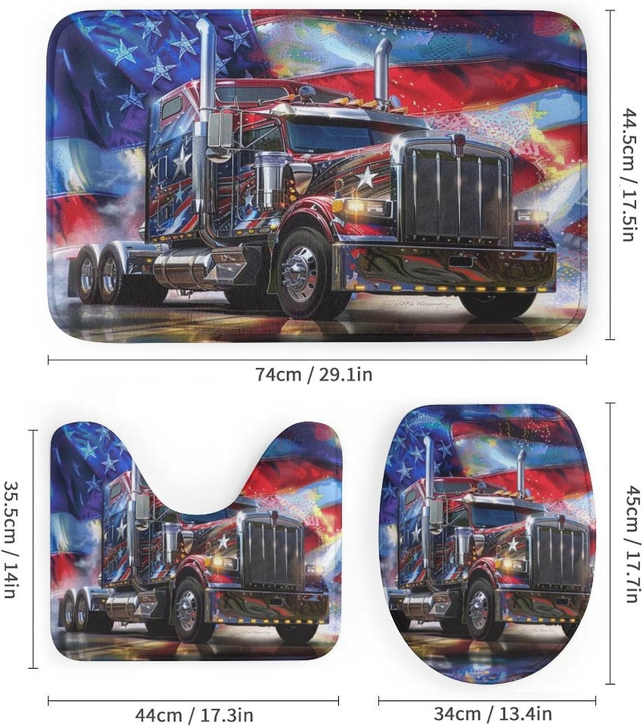 4Pcs Colorful Semi Truck Shower Curtain Sets Bathroom Decor, Fantasy American Flag Car Shower Curtain with Non Slip Rug, Toilet Lid Cover, Bath Mat and 12 Hooks 72W x 72L