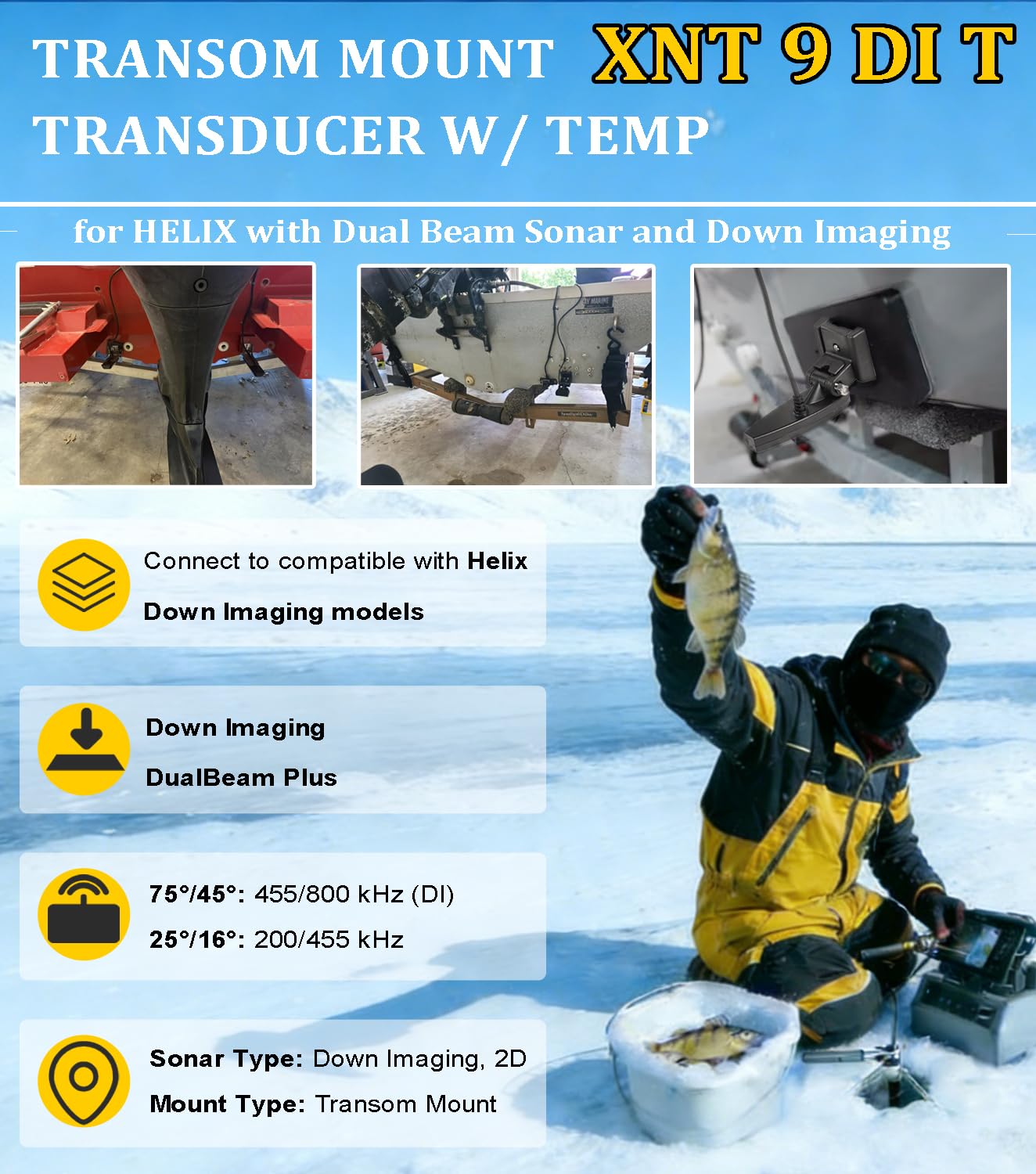 710226-1 XNT 9 DI T pour transducteur de tableau arrière Humminbird Helix avec sonar à double faisceau et imagerie descendante - 200/455 kHz, avec transducteur de montage sur tableau arrière de
