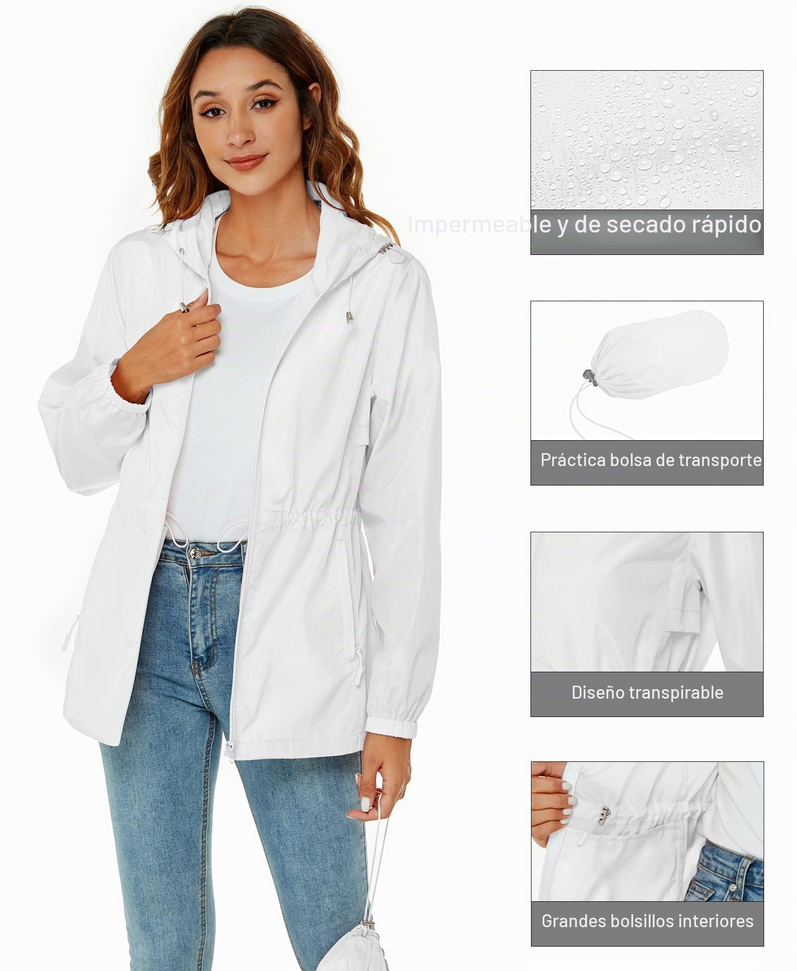 Rapbin Chubasquero para mujer, chaqueta impermeable ligera, abrigo de lluvia para exteriores, gabardina plegable con capucha y bolsillo