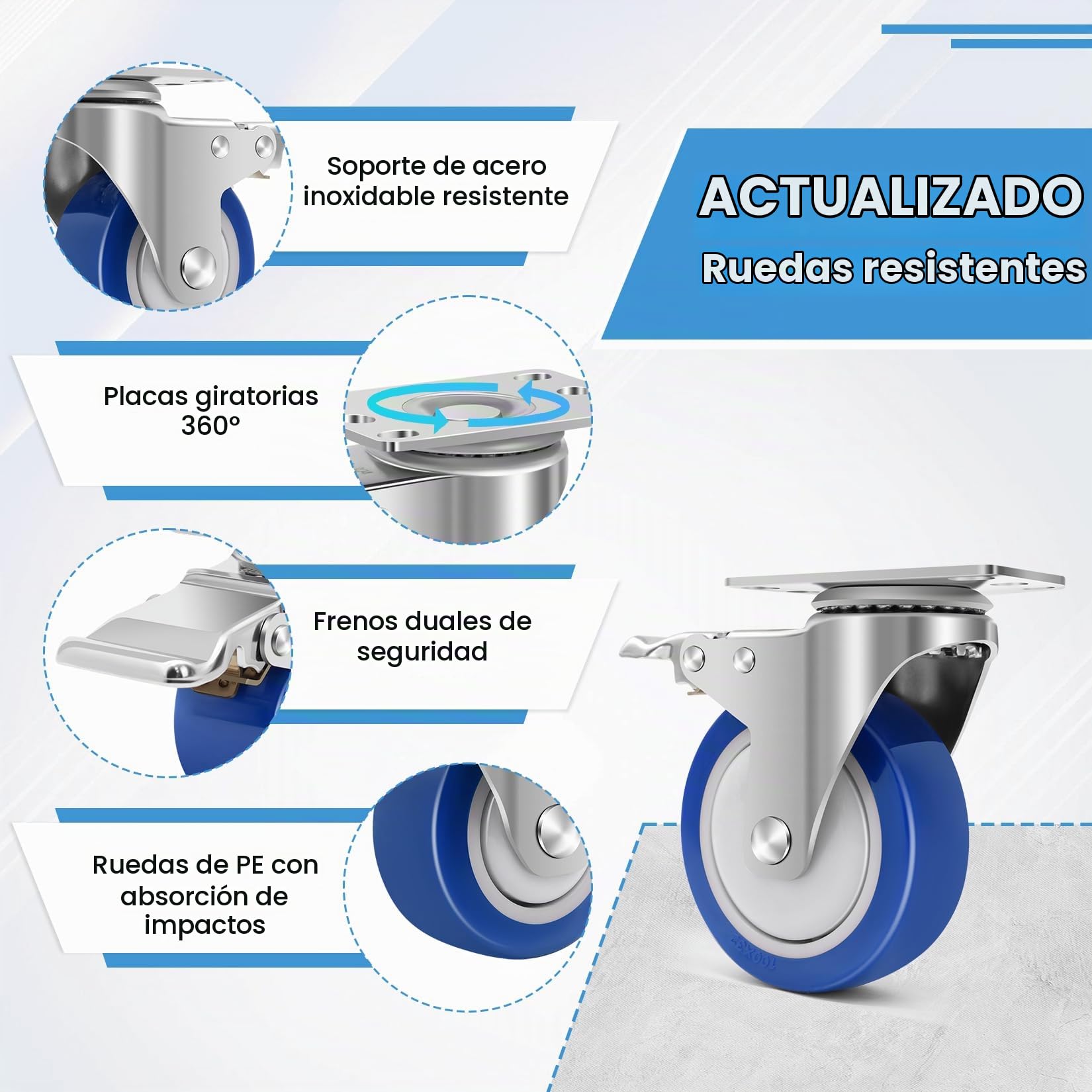 Acero Inoxidable de Alta Dureza Ruedas para Muebles Pesados, 100mm Ruedas Giratorias Pesadas Capacidad de 800kg, Ruedas Resistentes al Calor con Freno para Uso Industrial, Ambientes Húmedos