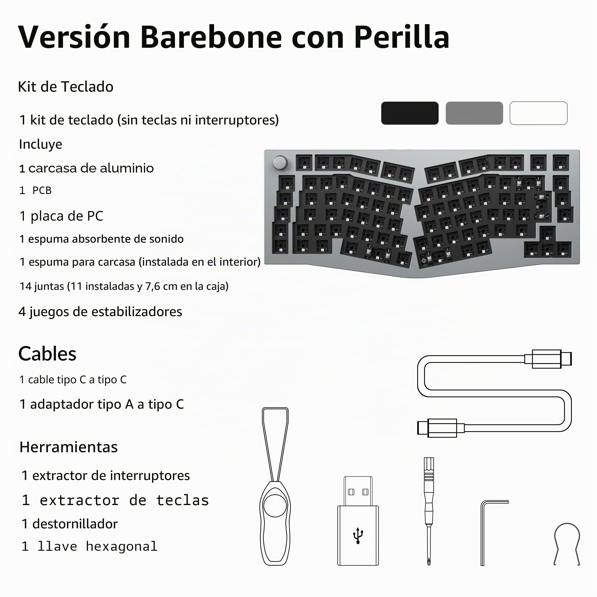 Keychron Q10 Pro Kit de Teclado Mecánico Alice 75% ISO, Cuerpo de Aluminio CNC, Programable QMK, RGB, Bluetooth 5.1, Kit de Juegos Barebone, para Interruptores de 3/5 Pines, Mac y Windows - Gris
