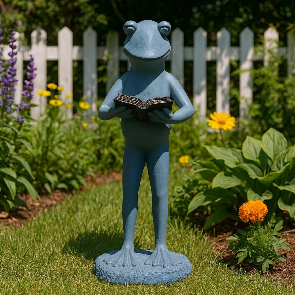 Standing Frog with Book Statue for Garden Decor - Decorative Front Porch for Patio, Backyard, and Walkways Display - Whimsical Yard Art Sculpture for Flower Bed or Deck Decor - 18", Grey & Metallic