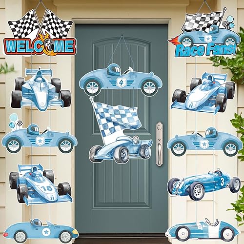 Letrero de porche de carreras de autos de carreras, decoración de cumpleaños de carreras, autos de carreras azules, pancartas recortadas para colgar