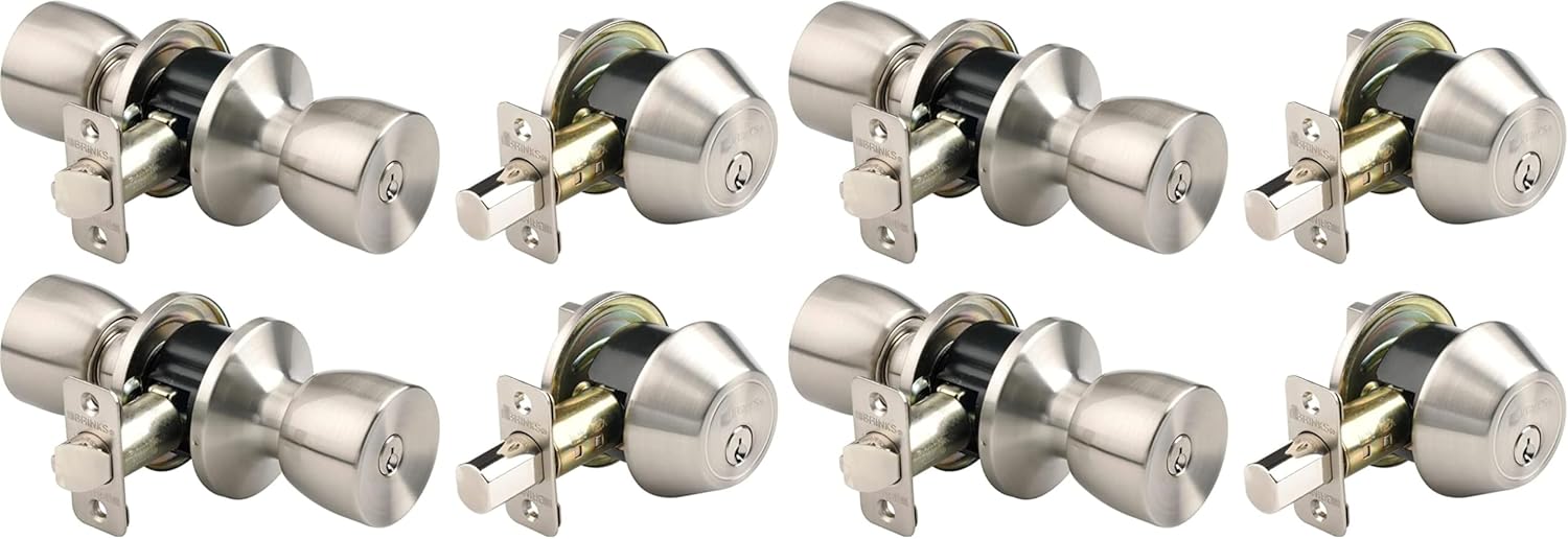 BRINKS - Bell Style Keyed Entry Door Knob and Single Cylinder Deadbolt Set, 2-Pack - Keyed Alike, Satin Nickel