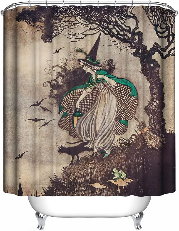 Retro Vintage Halloween Witch Shower Curtain - Medieval Waterproof Witch Cat Curtains with Hooks for Halloween Decoration (Bat Frog Cat Witch) (72