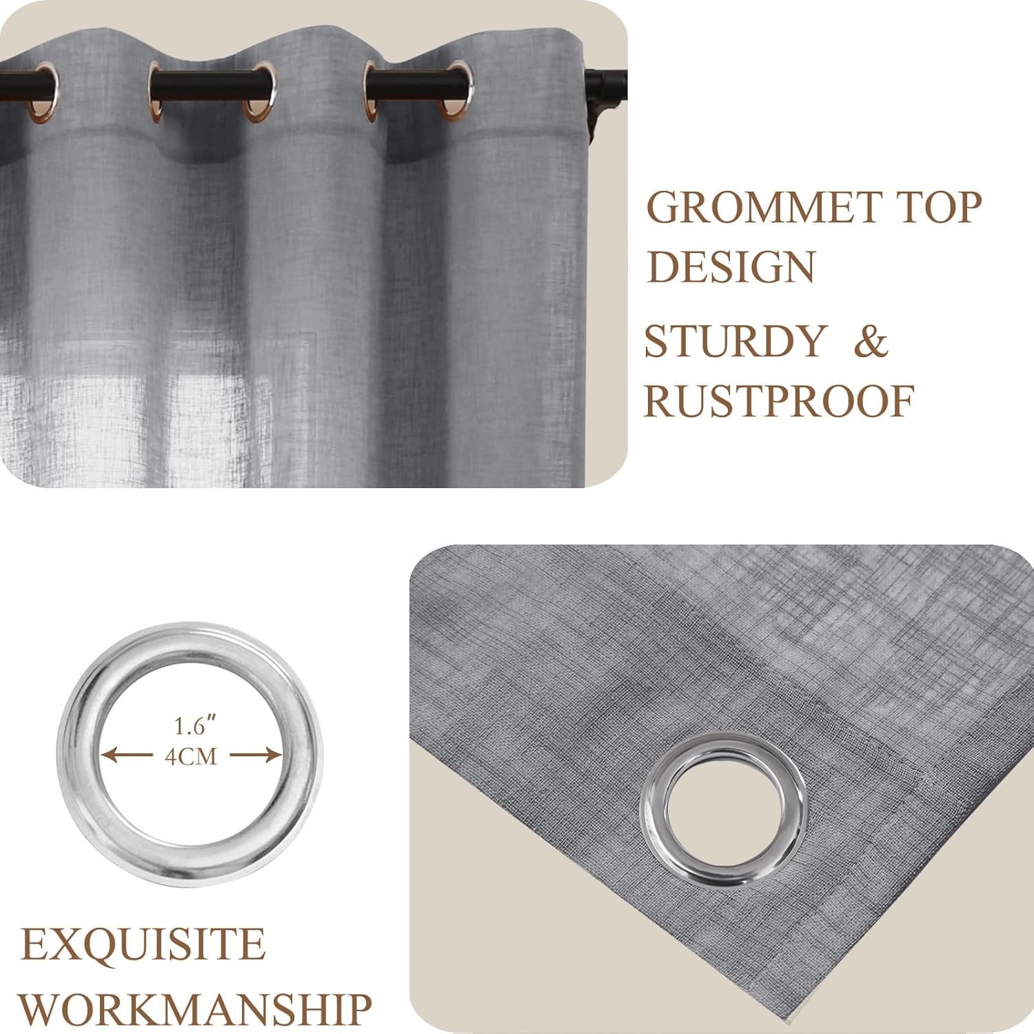 L.Z.E Dark Grey Sheer Curtains for Living Room, 96 Inches Long, Light Filtering Elegant Faux Linen Curtains, Burlap Textured Grommet Window Drapes for Bedroom Dining Room Farmhouse, Set of 2 Panels