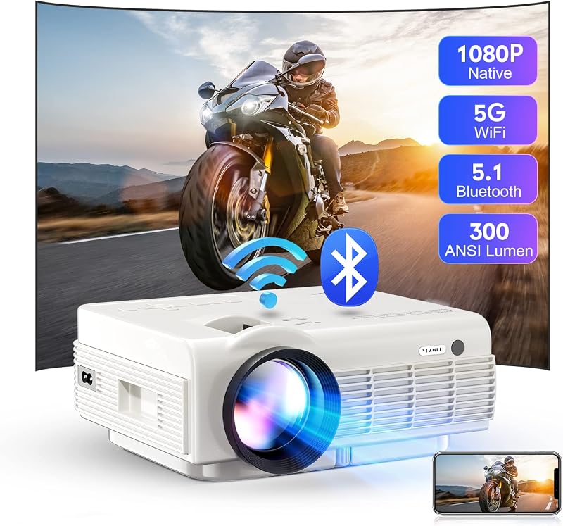 YEZMEK Projektor 5G WiFi Bluetooth Native 1080P Full HD, Mini LED Projektor 4K Támogatás, Hordozható Házimozi Projektor