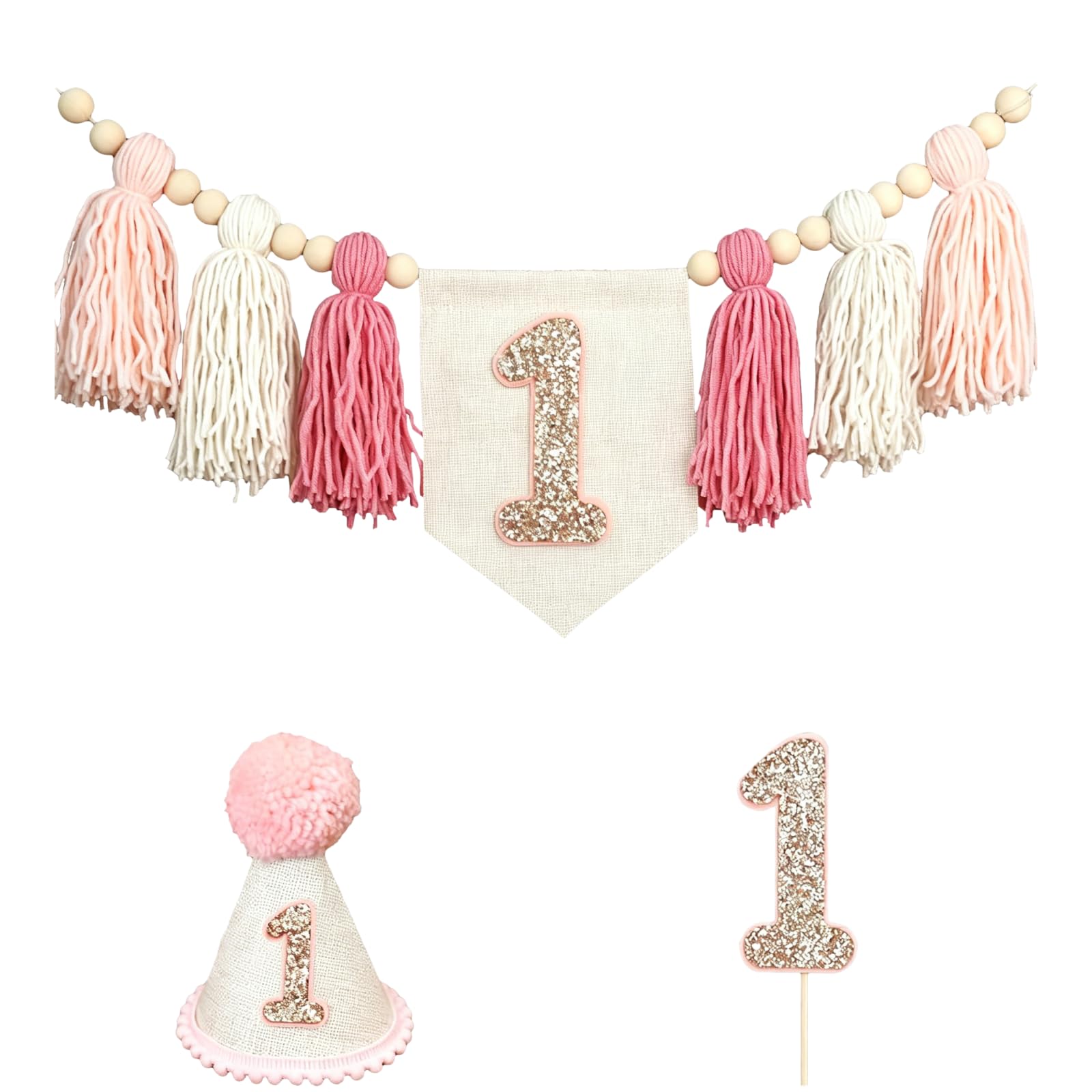Décorations d'anniversaire, bannière rose pour chaise haute avec pampilles et perles en bois, chapeau cône, cake topper pailleté numéro 1, fournitures pour première fête, accessoires photo et déco